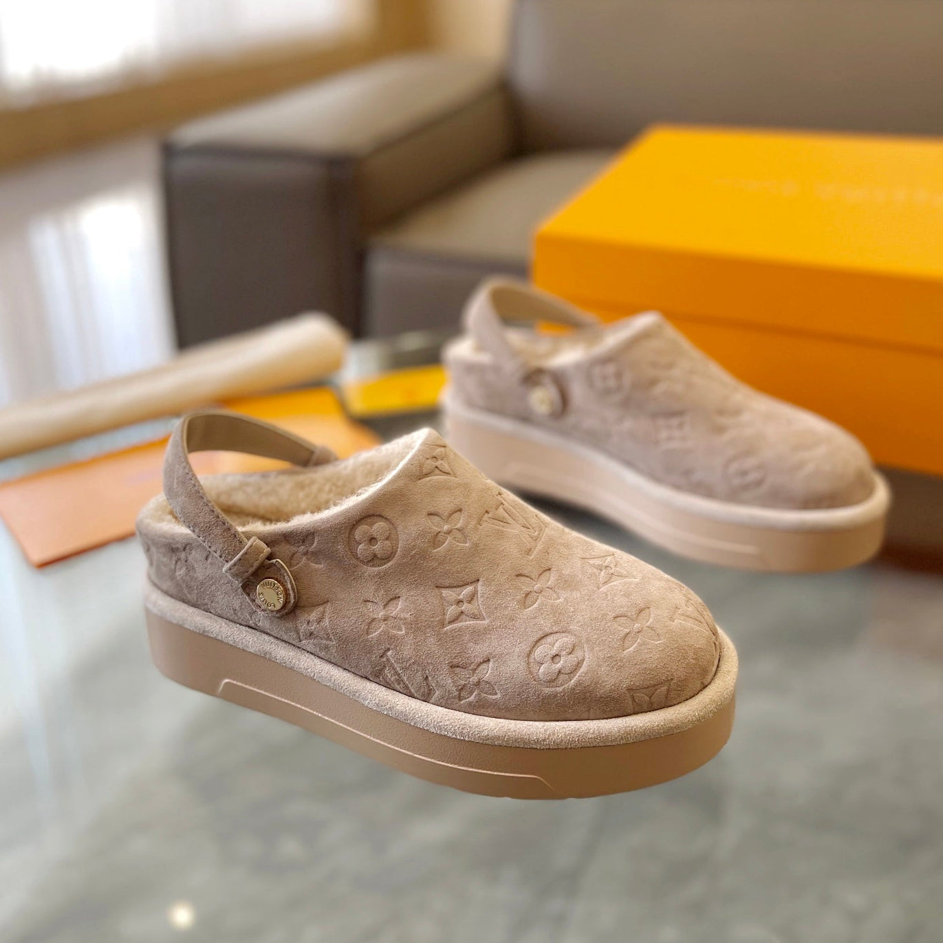 LV Aspen Platform Clogs Beige Suede