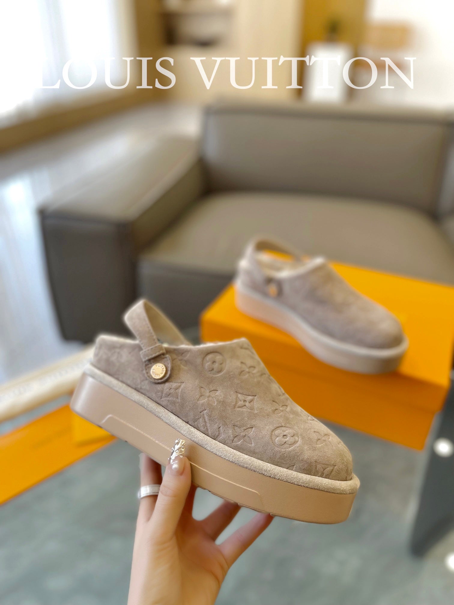 LV Aspen Platform Clogs Beige Suede