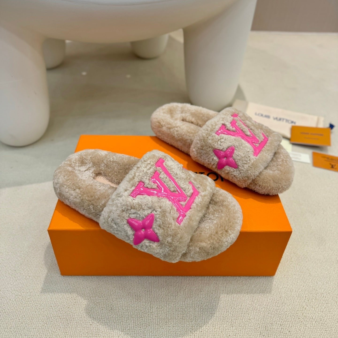 LV Fur Slippers Light Brown With Pink Text Pure Wool