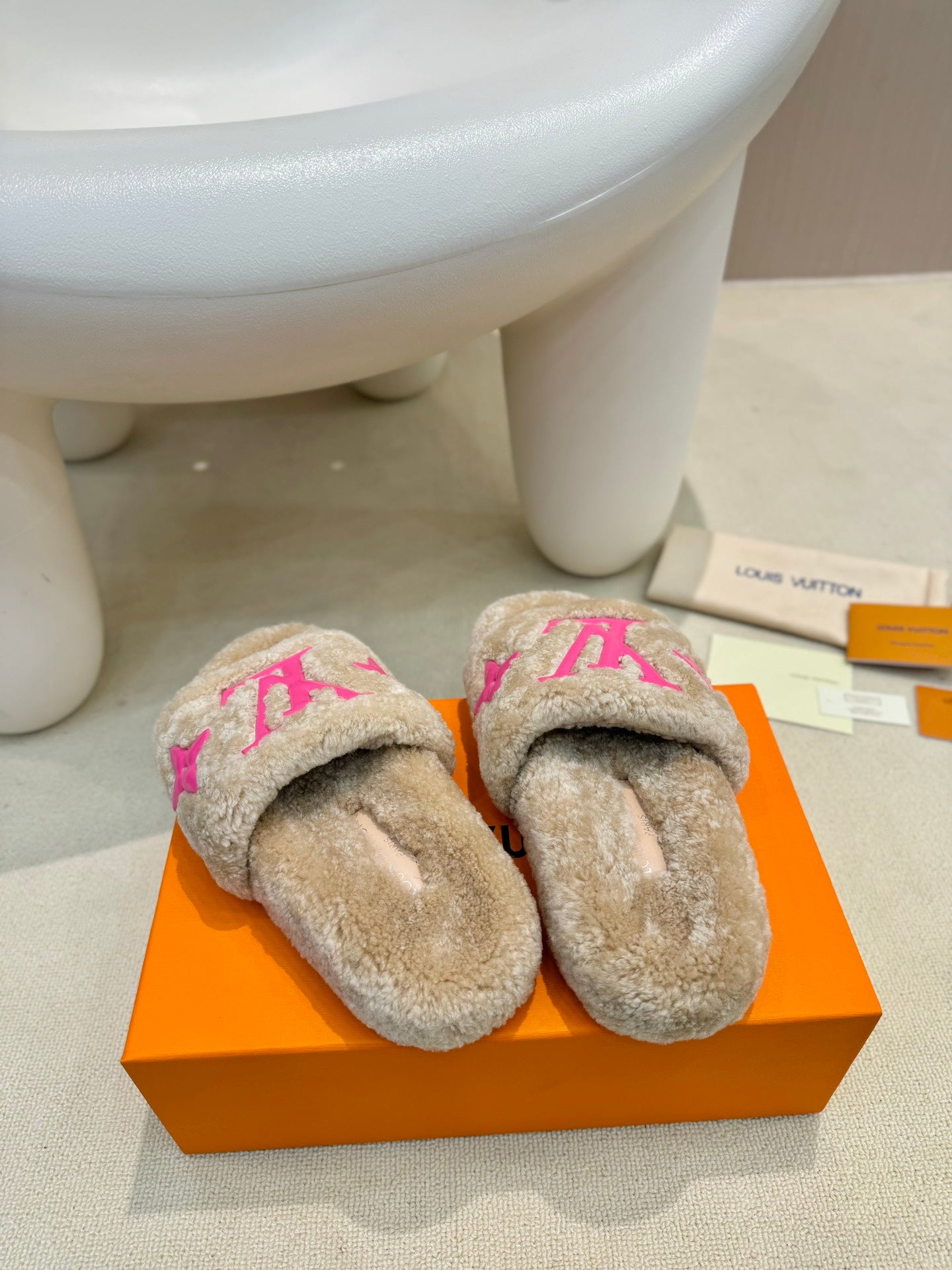 LV Fur Slippers Light Brown With Pink Text Pure Wool