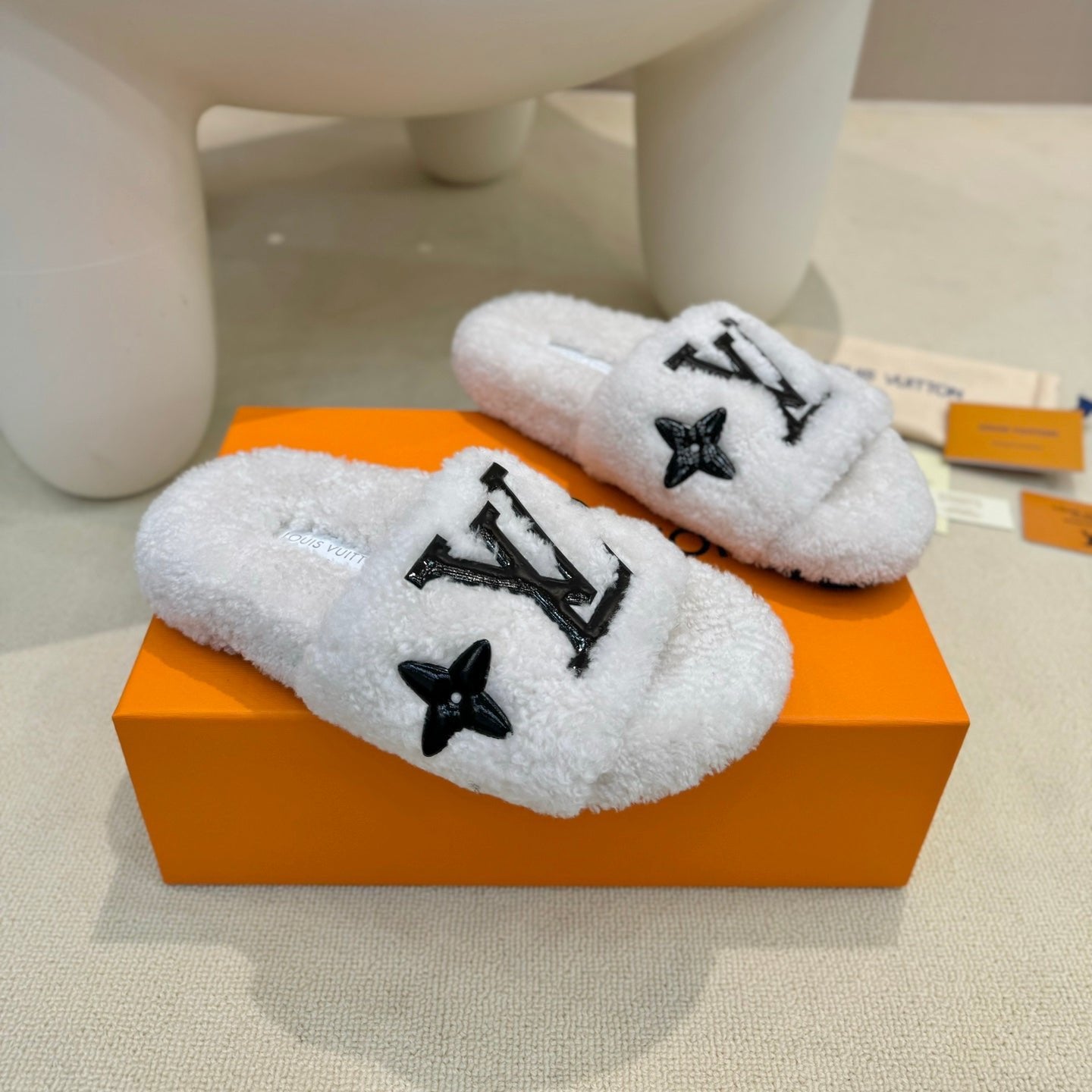LV Fur Slippers White With Black Text Pure Wool