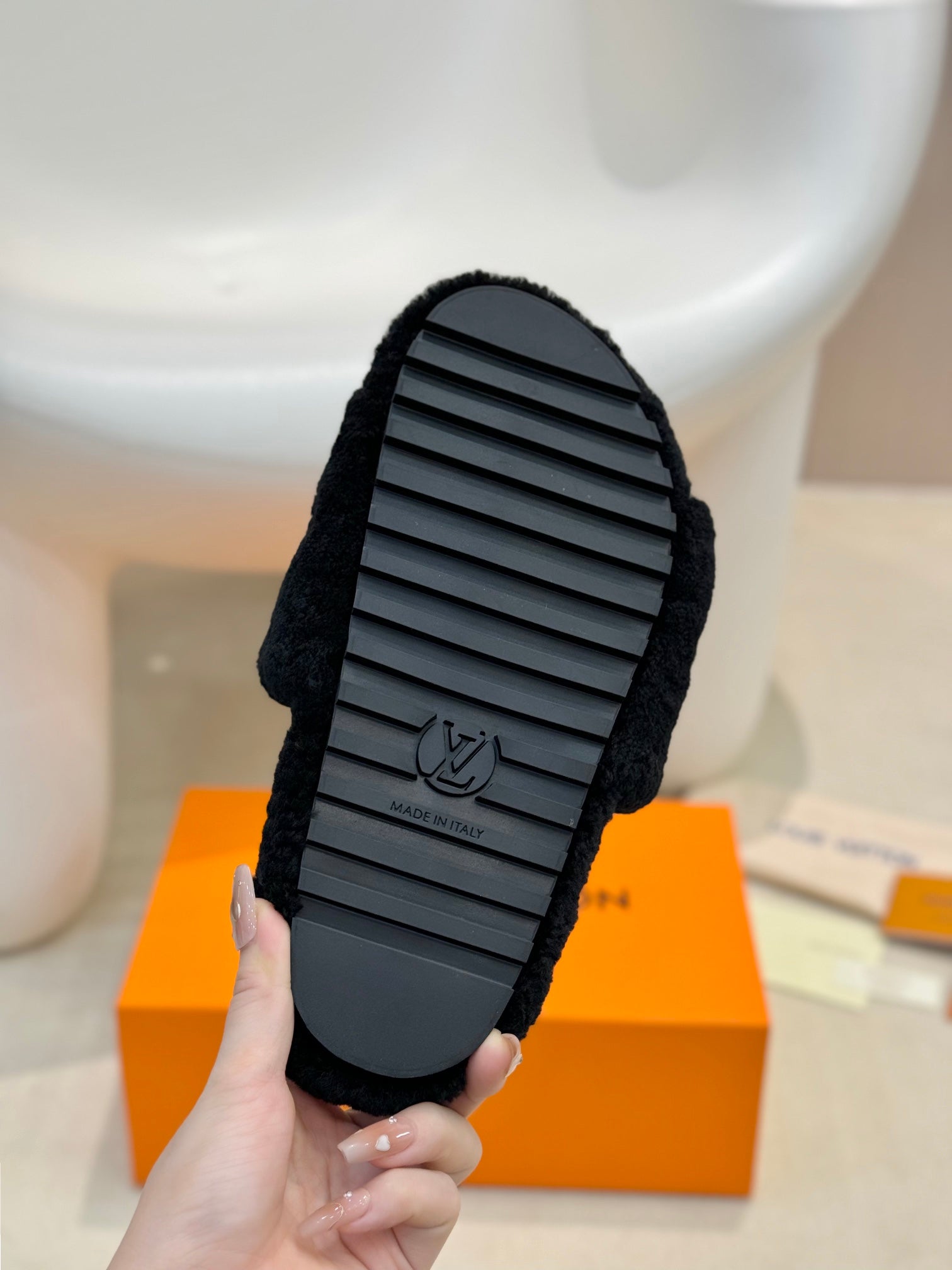 LV Fur Slippers Black With White Text Pure Wool