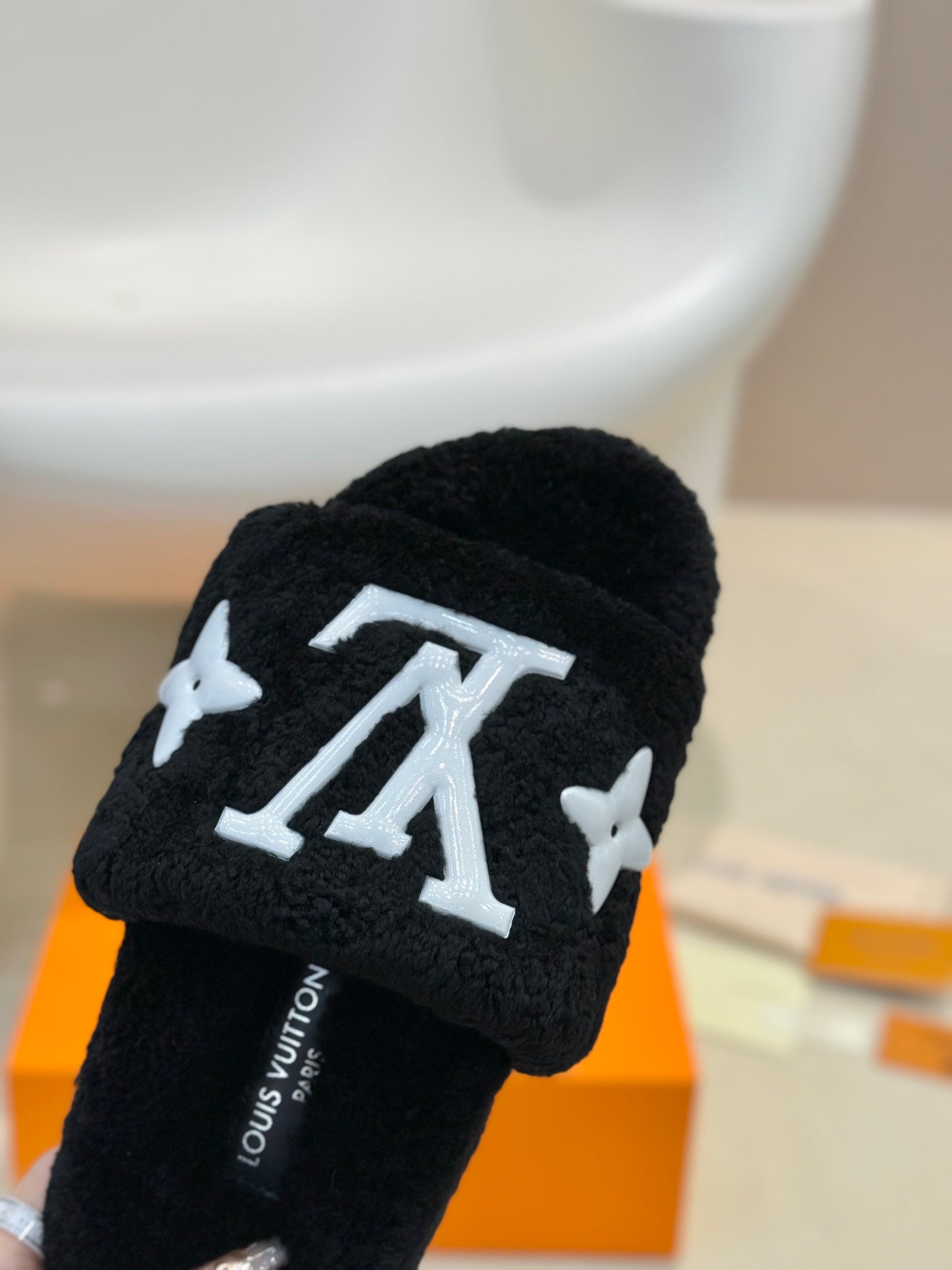 LV Fur Slippers Black With White Text Pure Wool