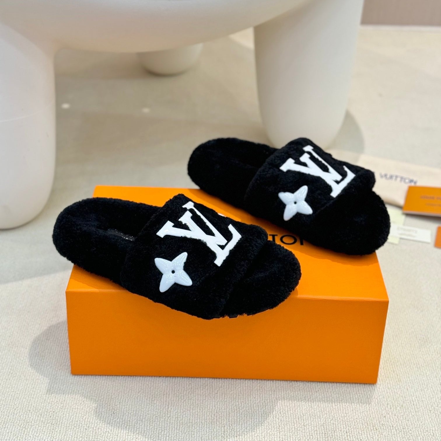 LV Fur Slippers Black With White Text Pure Wool