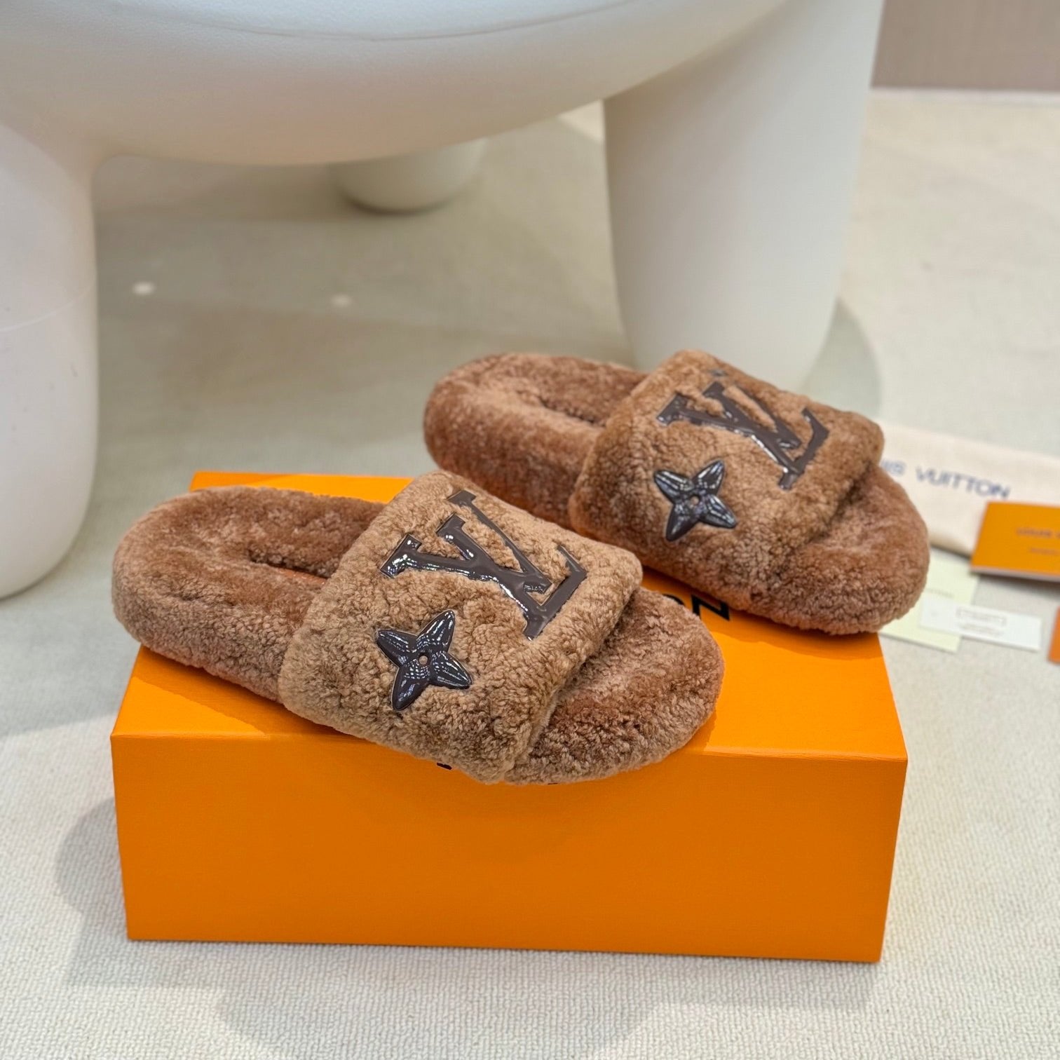 LV Fur Slippers Cocoa Brown With Black Text Pure Wool