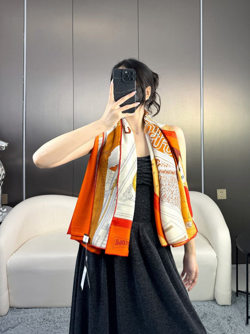 Mystere Au 24 Scarf 135 CM Yellow Orange Colorful Cashmere And Silk