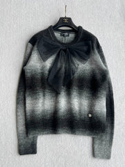 Chanel 25 Bow Round Neck Sweater Black Gray Cashmere 316413