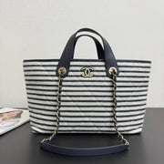 Chanel 26 Woven Beach Bag 46 White Navy Blue Canvas Leather