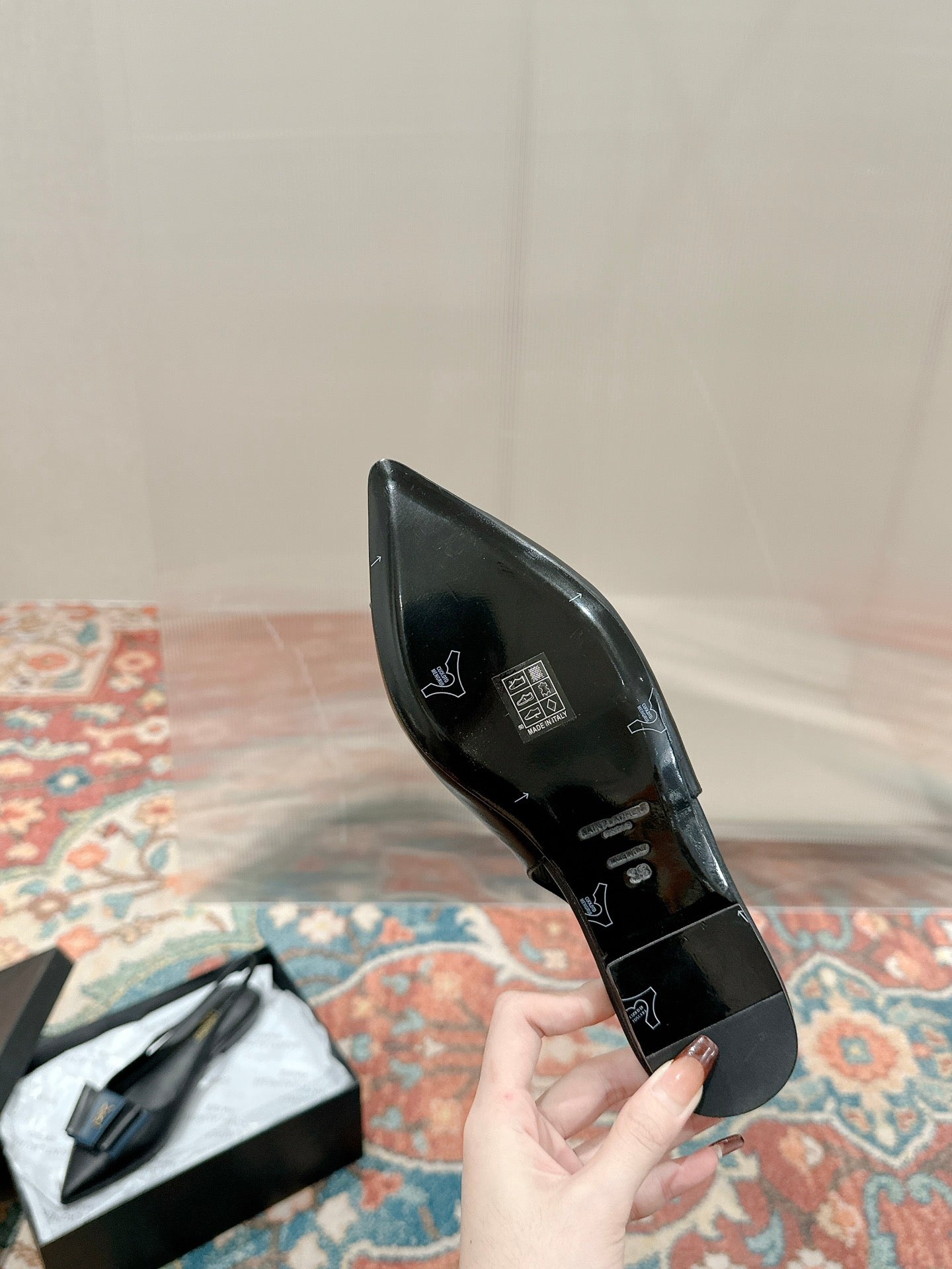 CASSANDRA SLINGBACK FLAT IN BLACK MIX BLUE SMOOTH LAMBSKIN