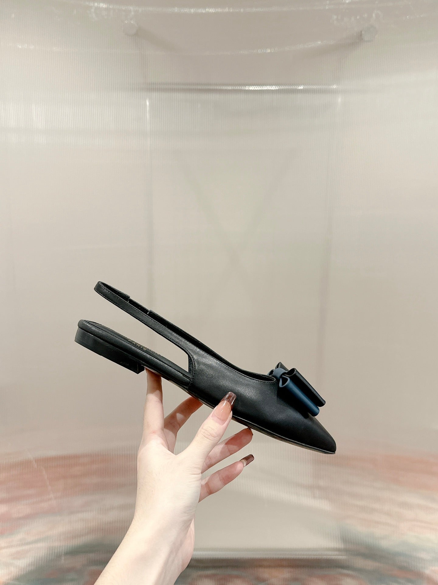 CASSANDRA SLINGBACK FLAT IN BLACK MIX BLUE SMOOTH LAMBSKIN