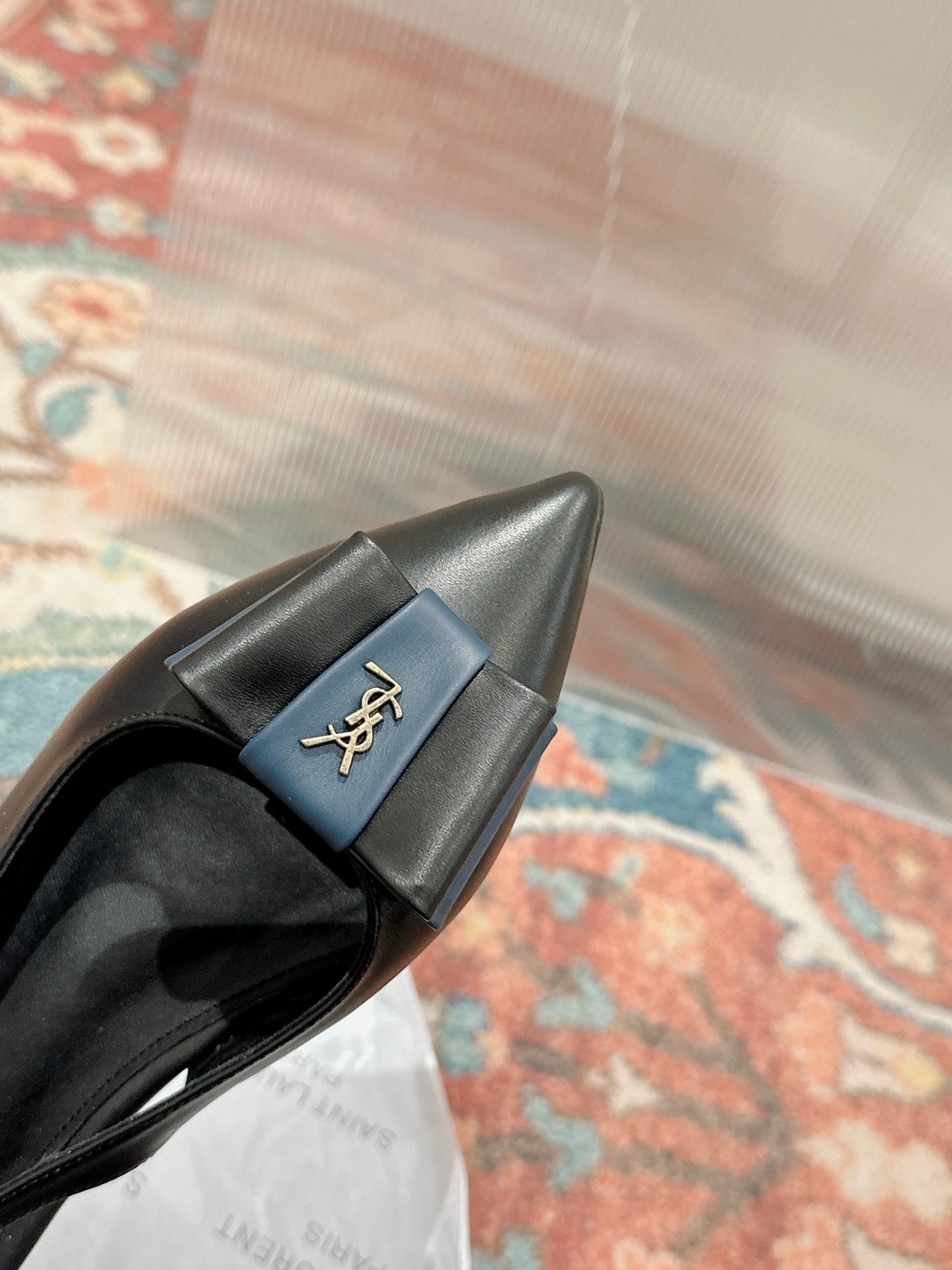 CASSANDRA SLINGBACK FLAT IN BLACK MIX BLUE SMOOTH LAMBSKIN