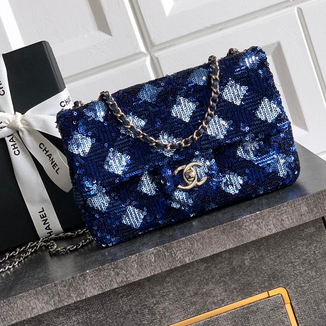 Chanel 2026 Flap Bag 20cm Blue Sequin Leather
