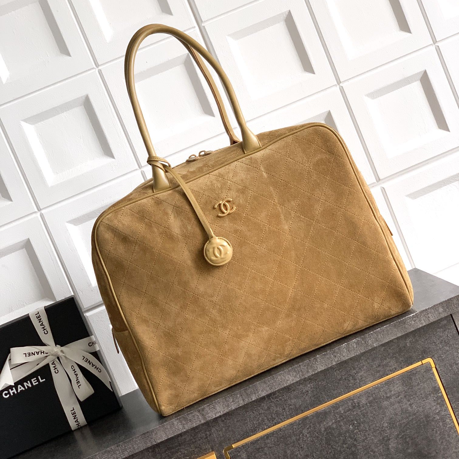 Chanel 2026 Boston Bag 41cm Beige Suede