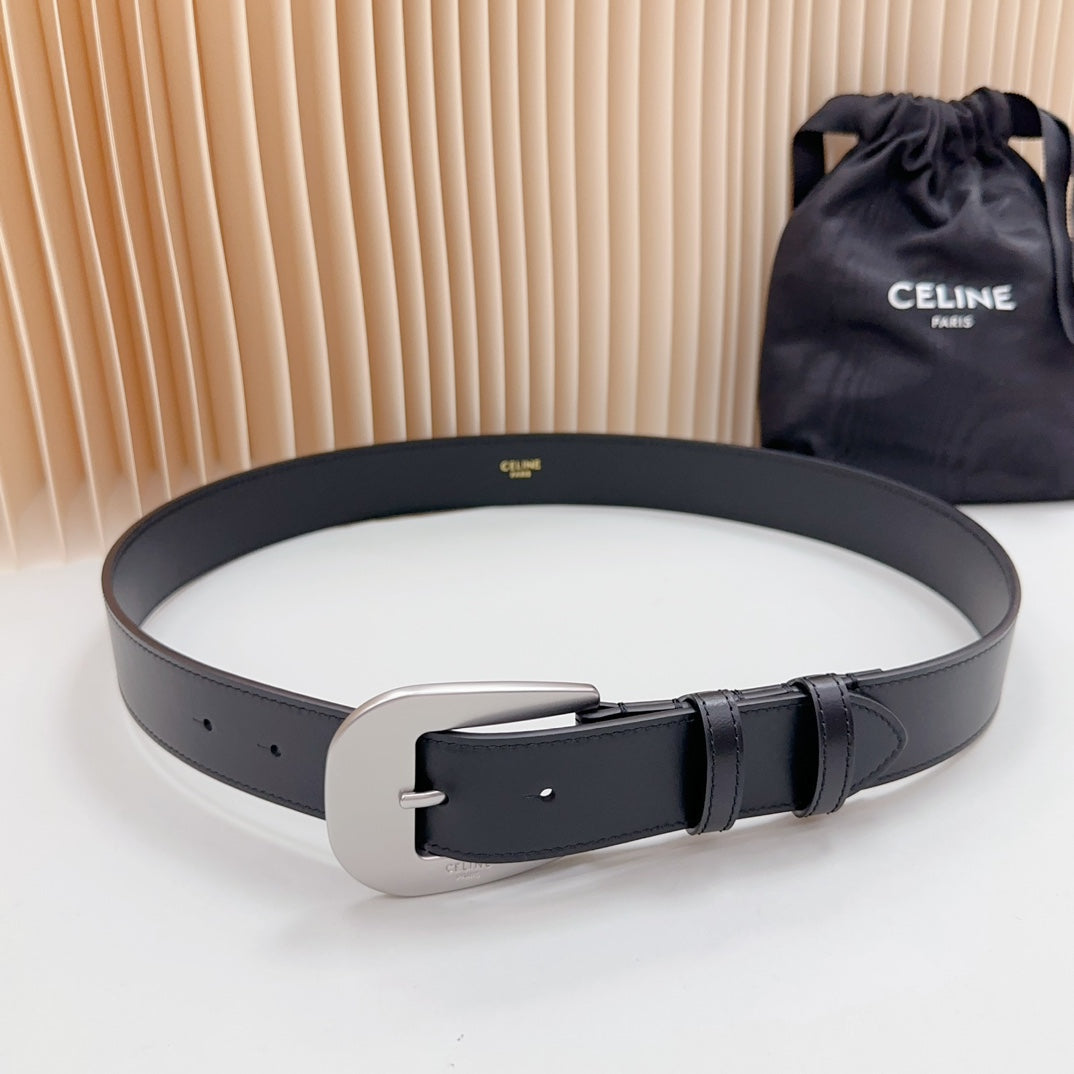 LARGE WESTERN 35 MM BELT BLACK CALFSKIN SILVER HARDWARE