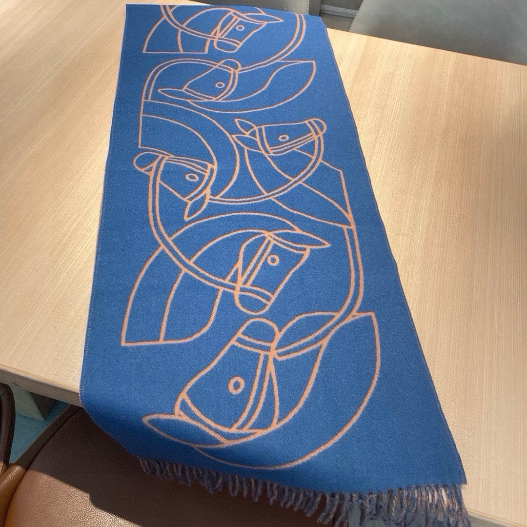 Casaque Entrelacs Equestres Scarf 195 CM Blue Mix Light Brown Cashmere