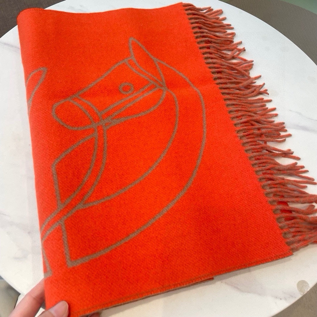Casaque Entrelacs Equestres Scarf 195 CM Orange Mix Light Brown Cashmere