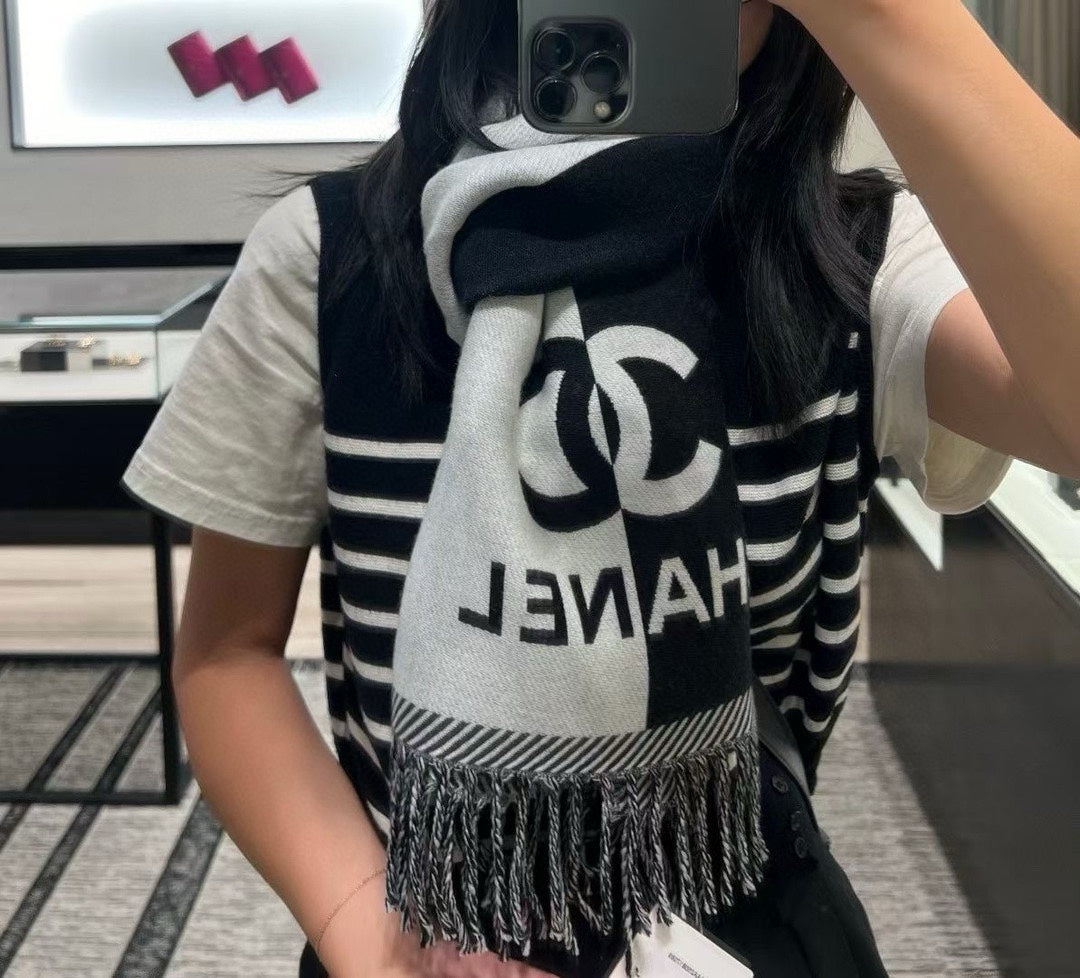 CC Scarf 200 CM In Black Mix Grey Wool And Cashmere 418269