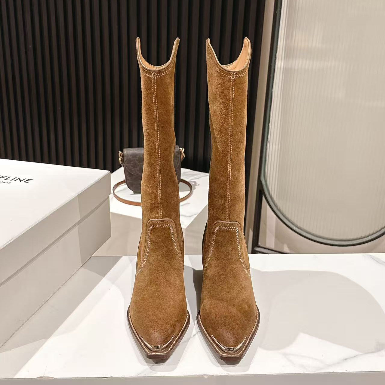CELINE 25 Mid Calf Cowboy Boots Brown Suede 434425