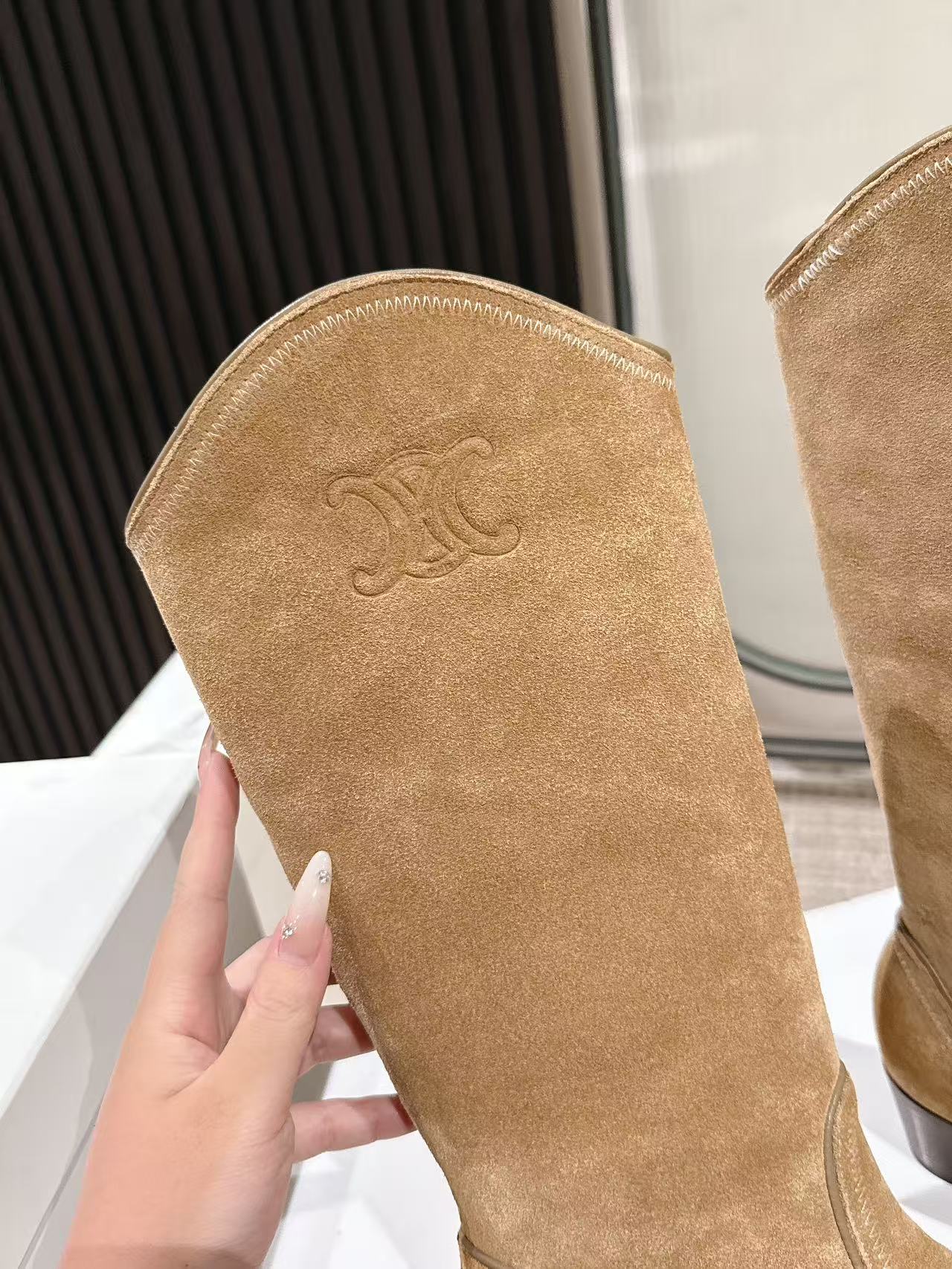 CELINE 25 Mid Calf Cowboy Boots Light Brown Suede