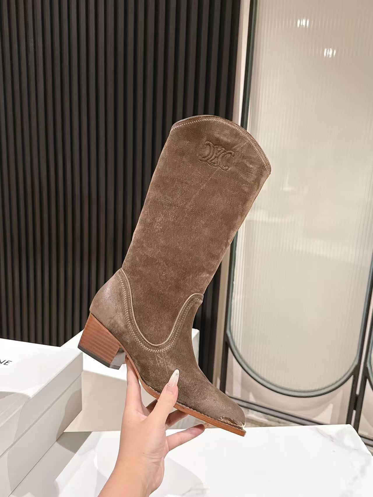 CELINE 25 Mid Calf Cowboy Boots Dark Brown Suede