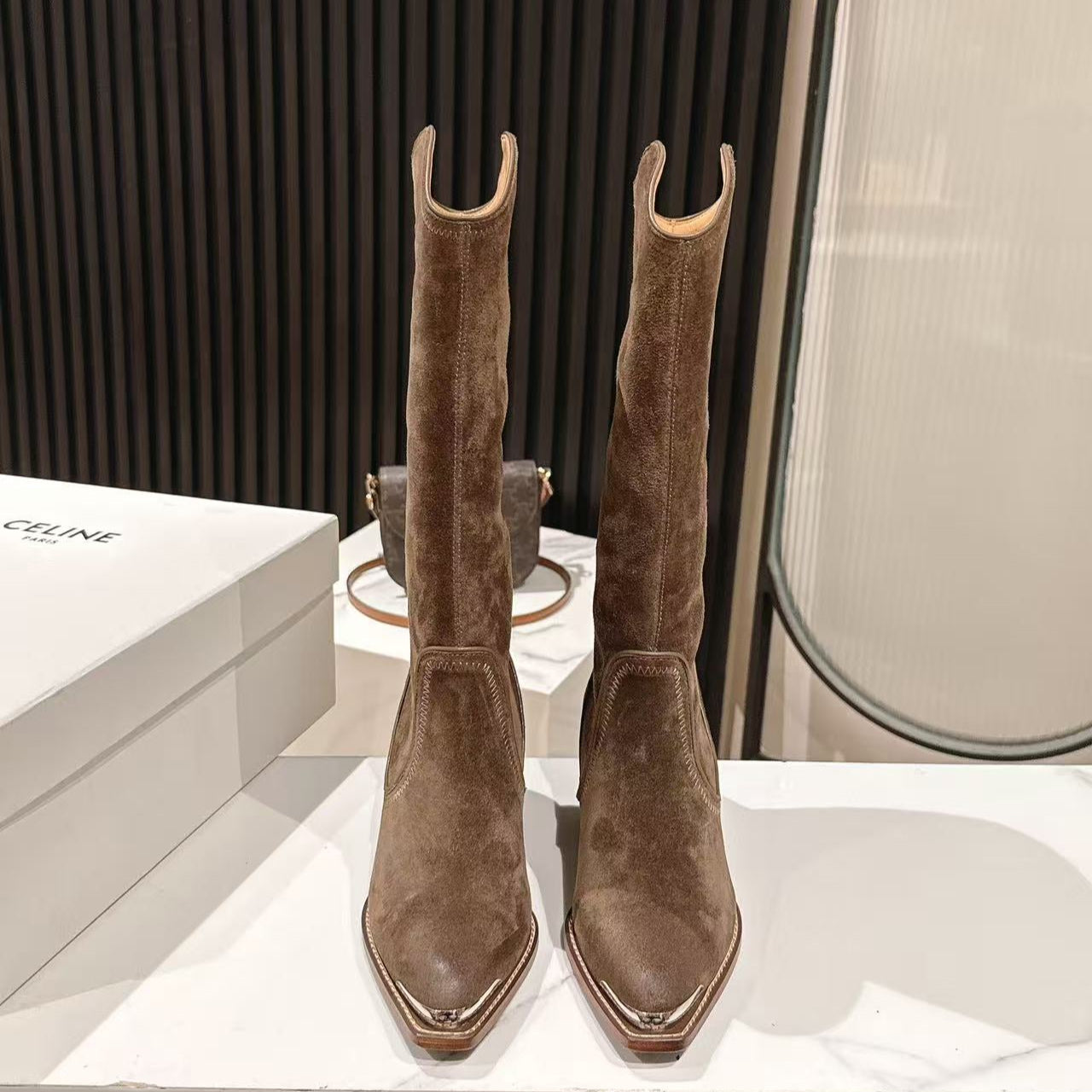 CELINE 25 Mid Calf Cowboy Boots Dark Brown Suede