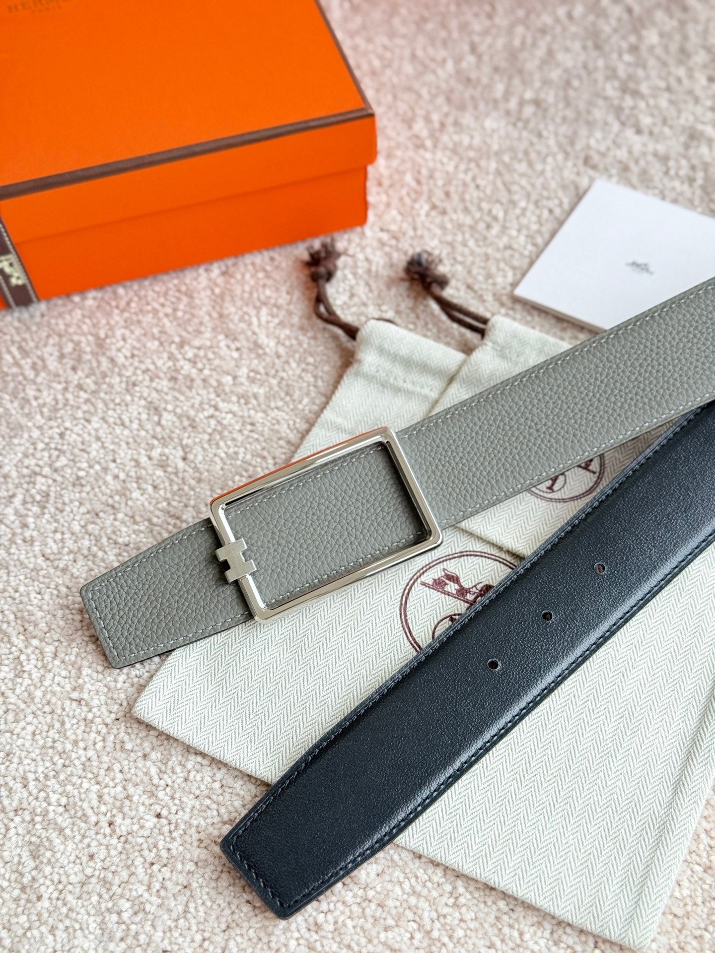 HM Silver Tube H Buckle Belt 38mm Meyer gray Leather 187782