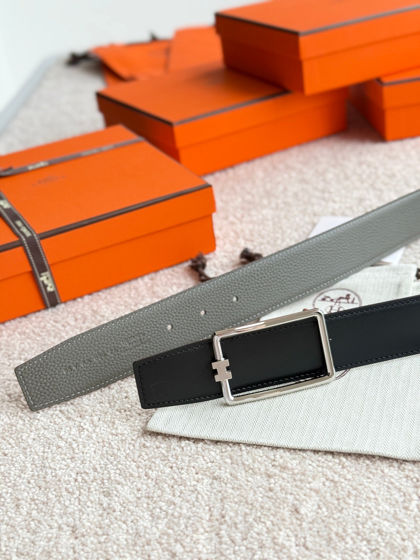 HM Silver Tube H Buckle Belt 38mm Meyer gray Leather 187782