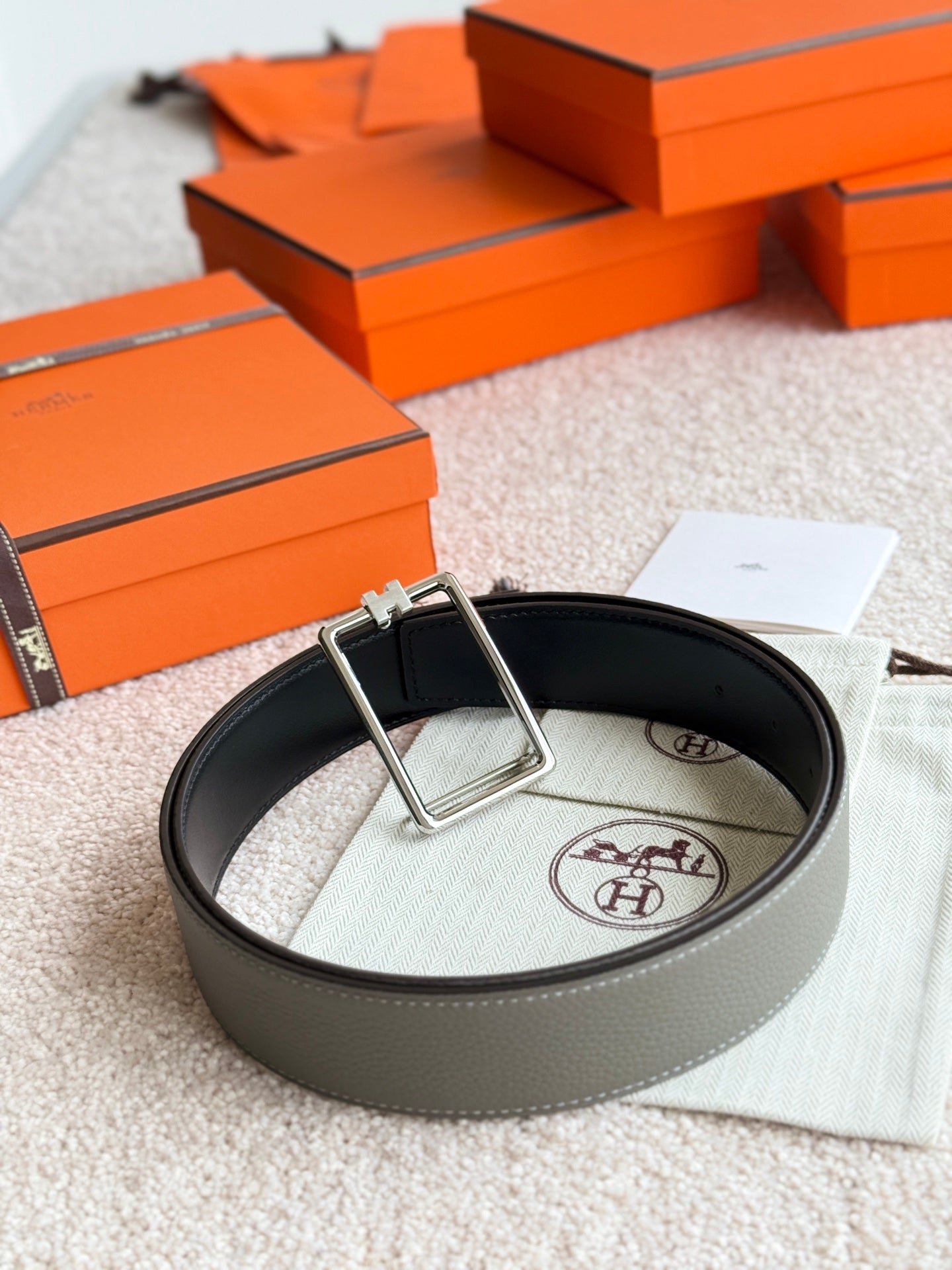 HM Silver Tube H Buckle Belt 38mm Meyer gray Leather 187782