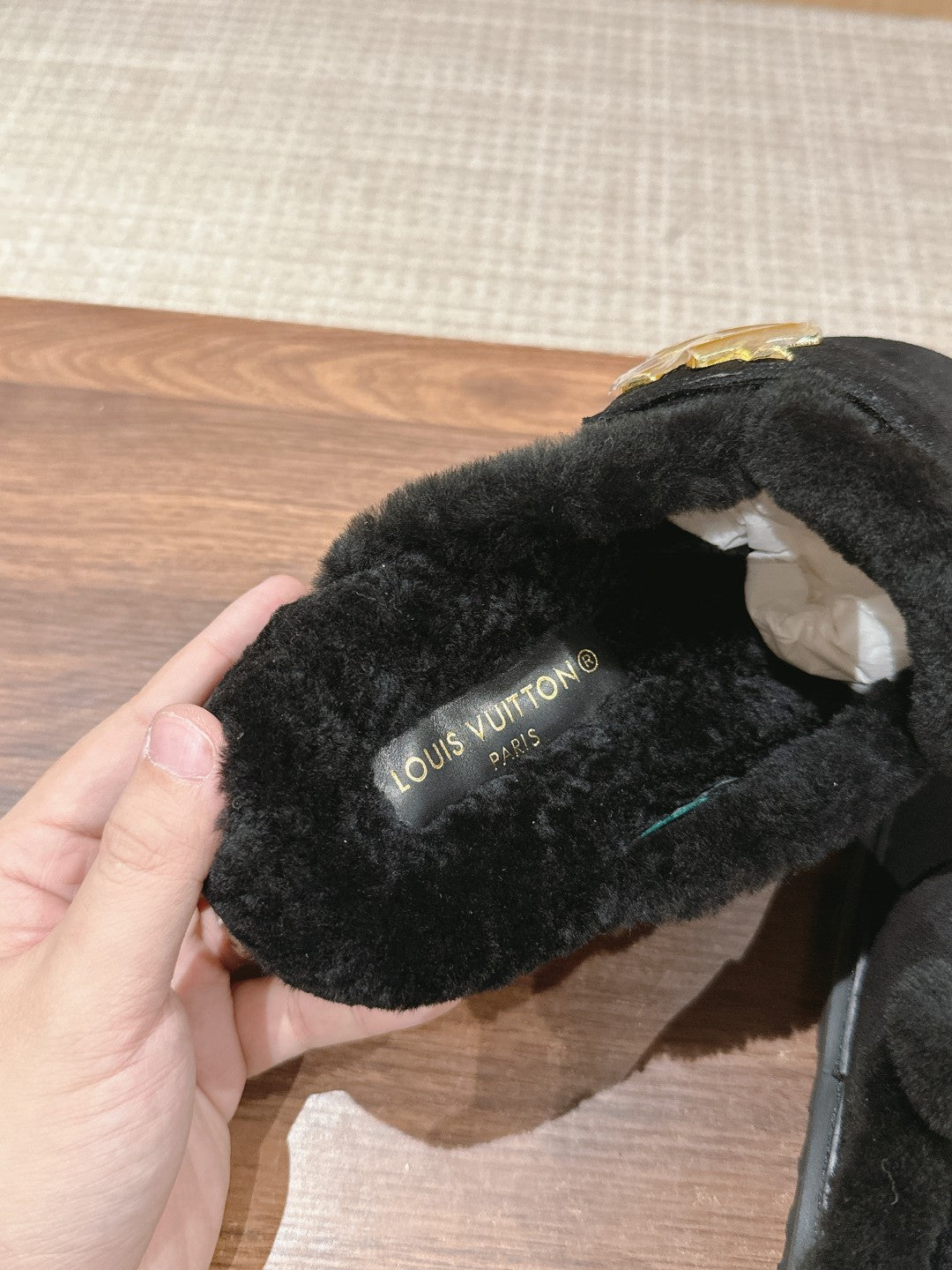 LV Cosy Flat Comfort Clog Black Fur Lining Suede