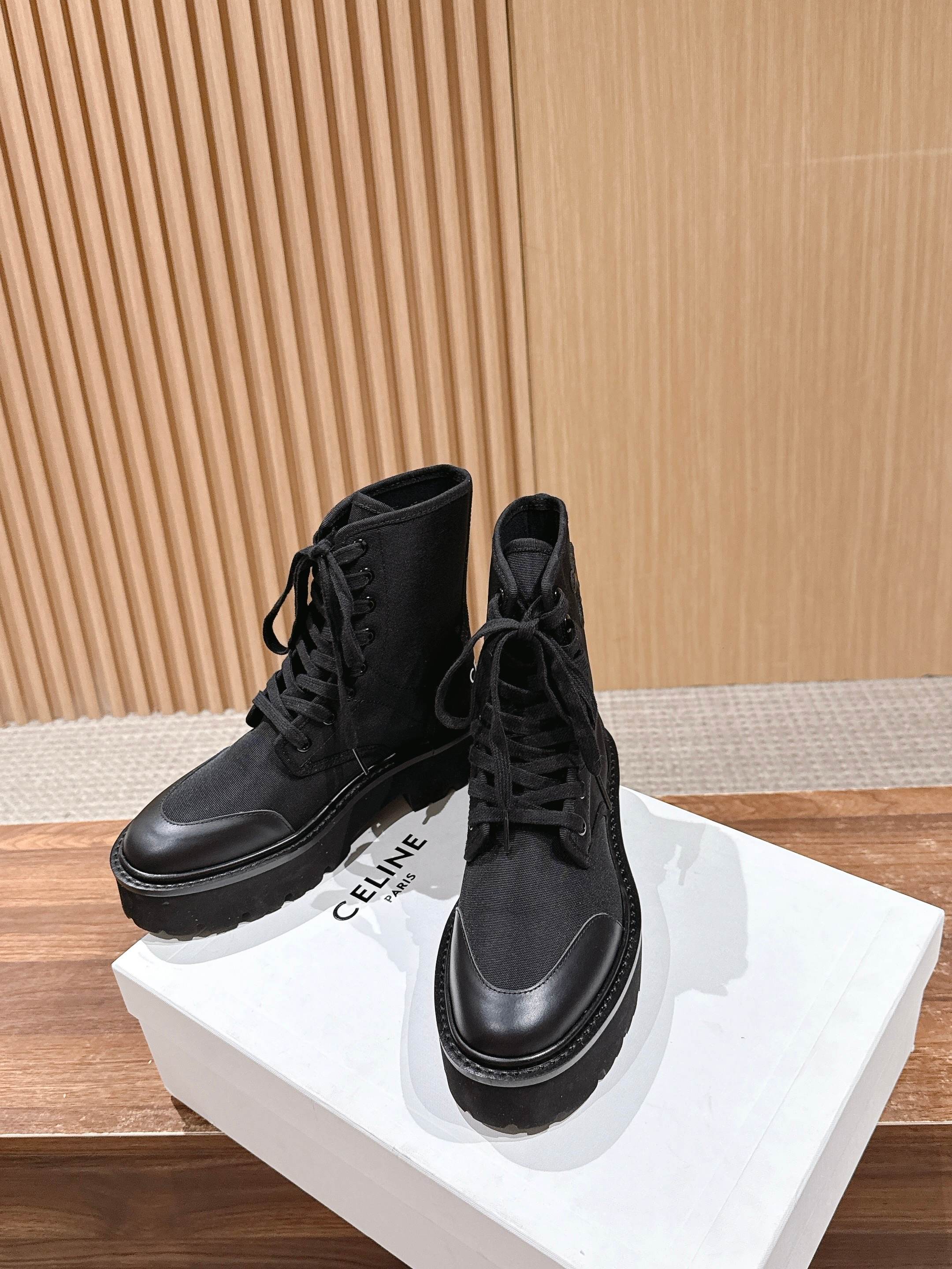 Celine 25 Bulky Lace-up Boot Black Canvas Calfskin 554013