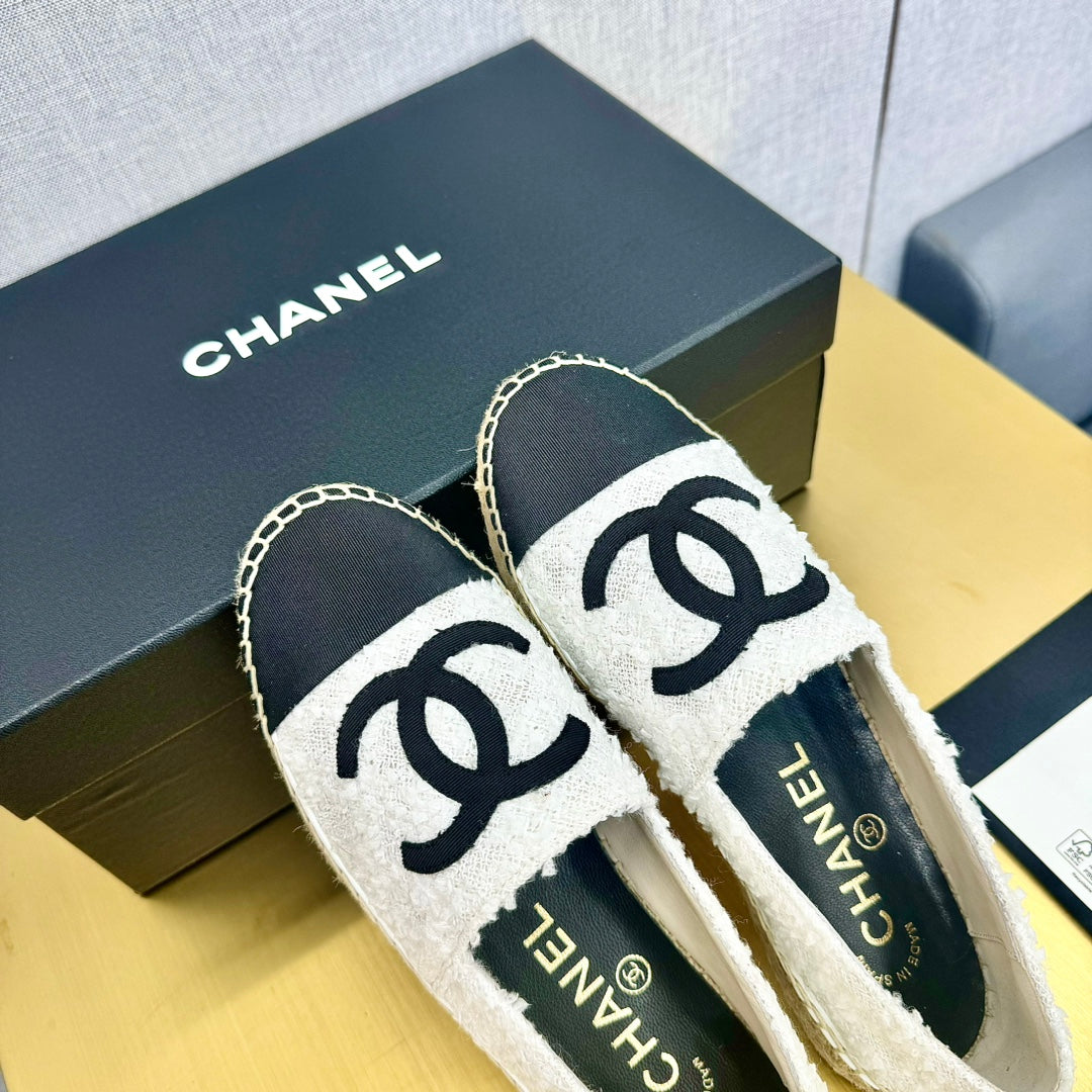 espadrilles white tweed cotton black grosgrain