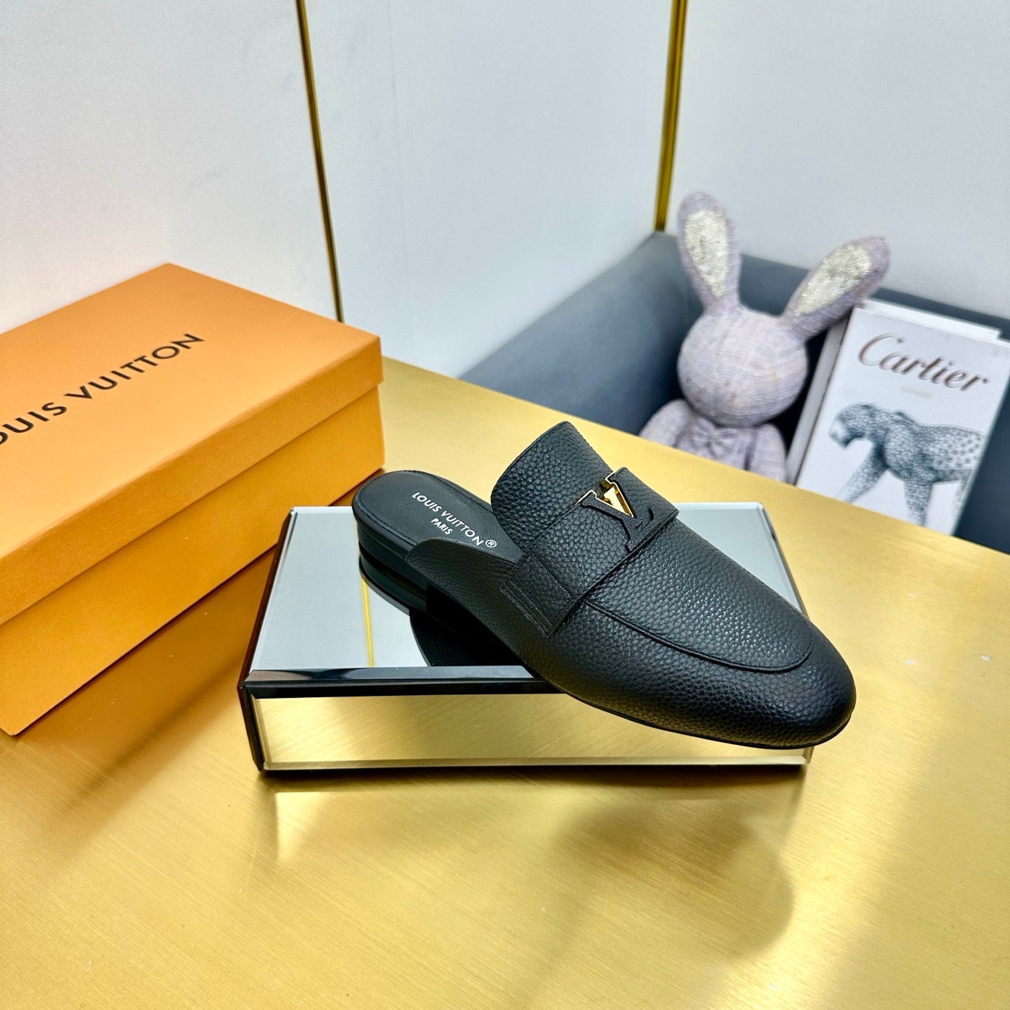 LV 25C LV Capri Open Back Loafer Black Wrinkled Cowhide 219926