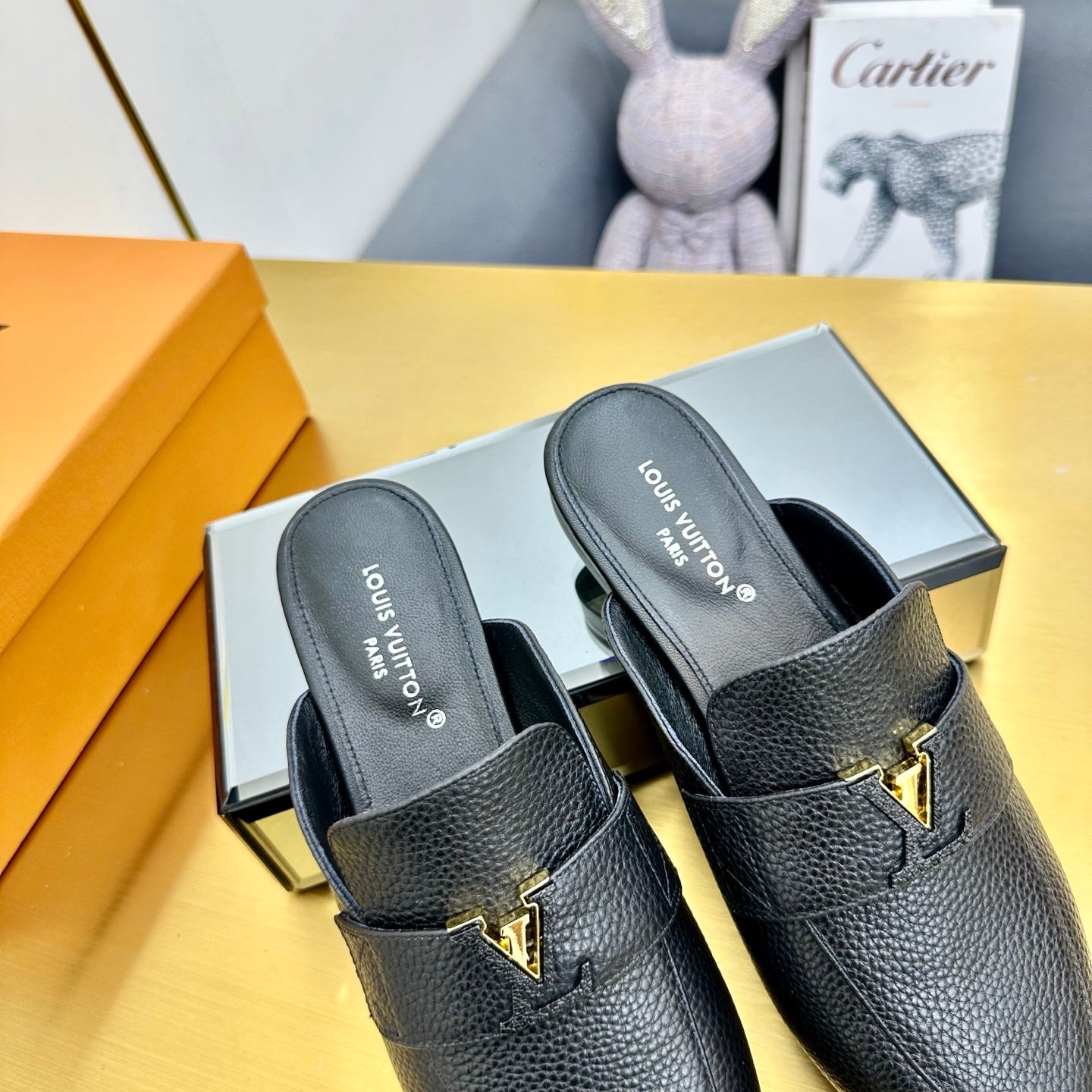 LV 25C LV Capri Open Back Loafer Black Wrinkled Cowhide 219926