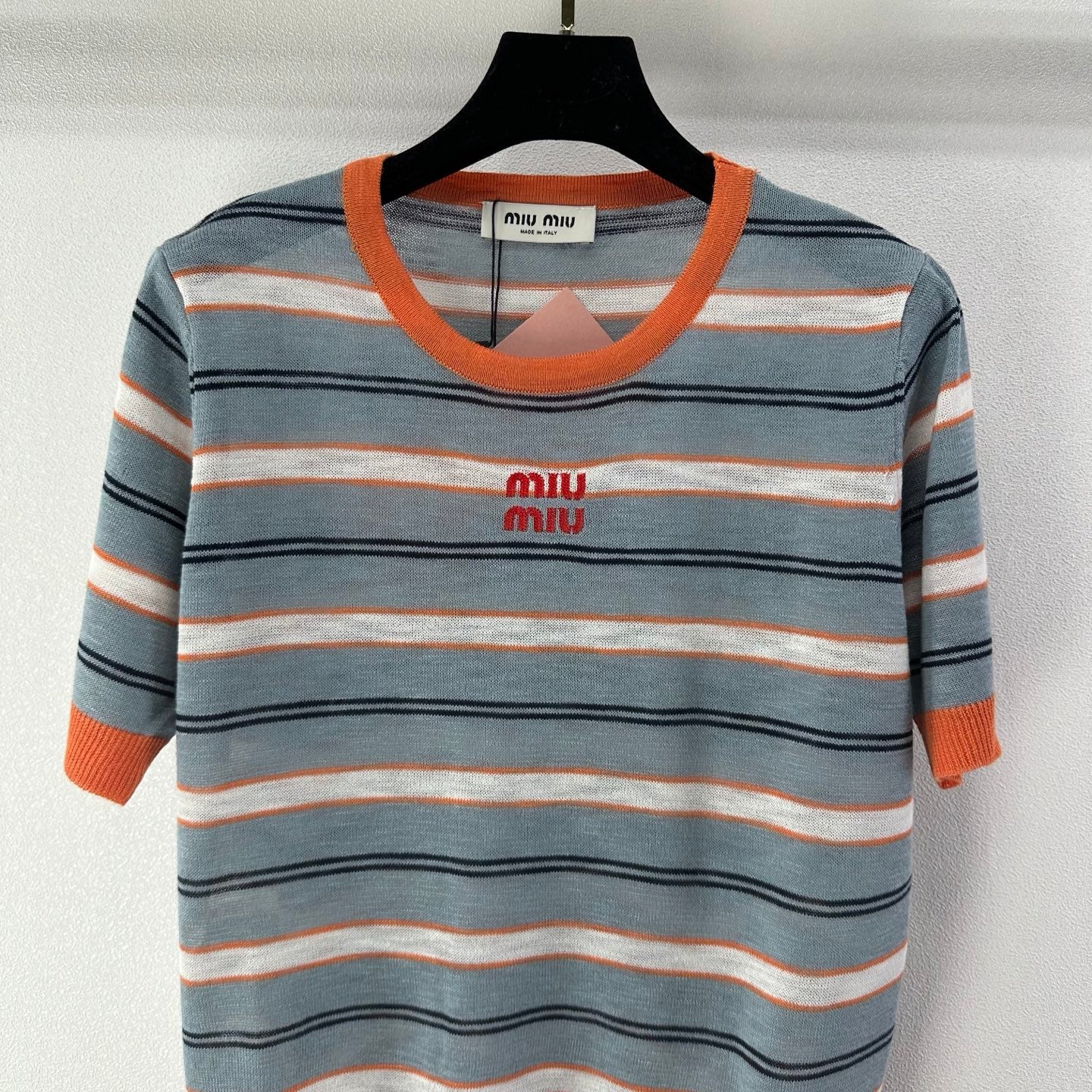 Miumiu 2026 Striped Knit Short-sleeved Top Blue-Grey mix Orange Cotton 395632