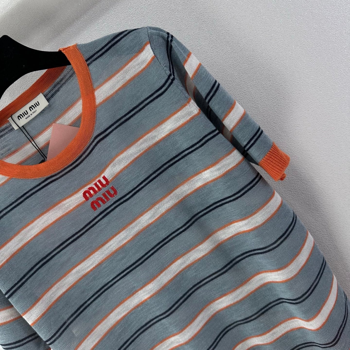Miumiu 2026 Striped Knit Short-sleeved Top Blue-Grey mix Orange Cotton 395632