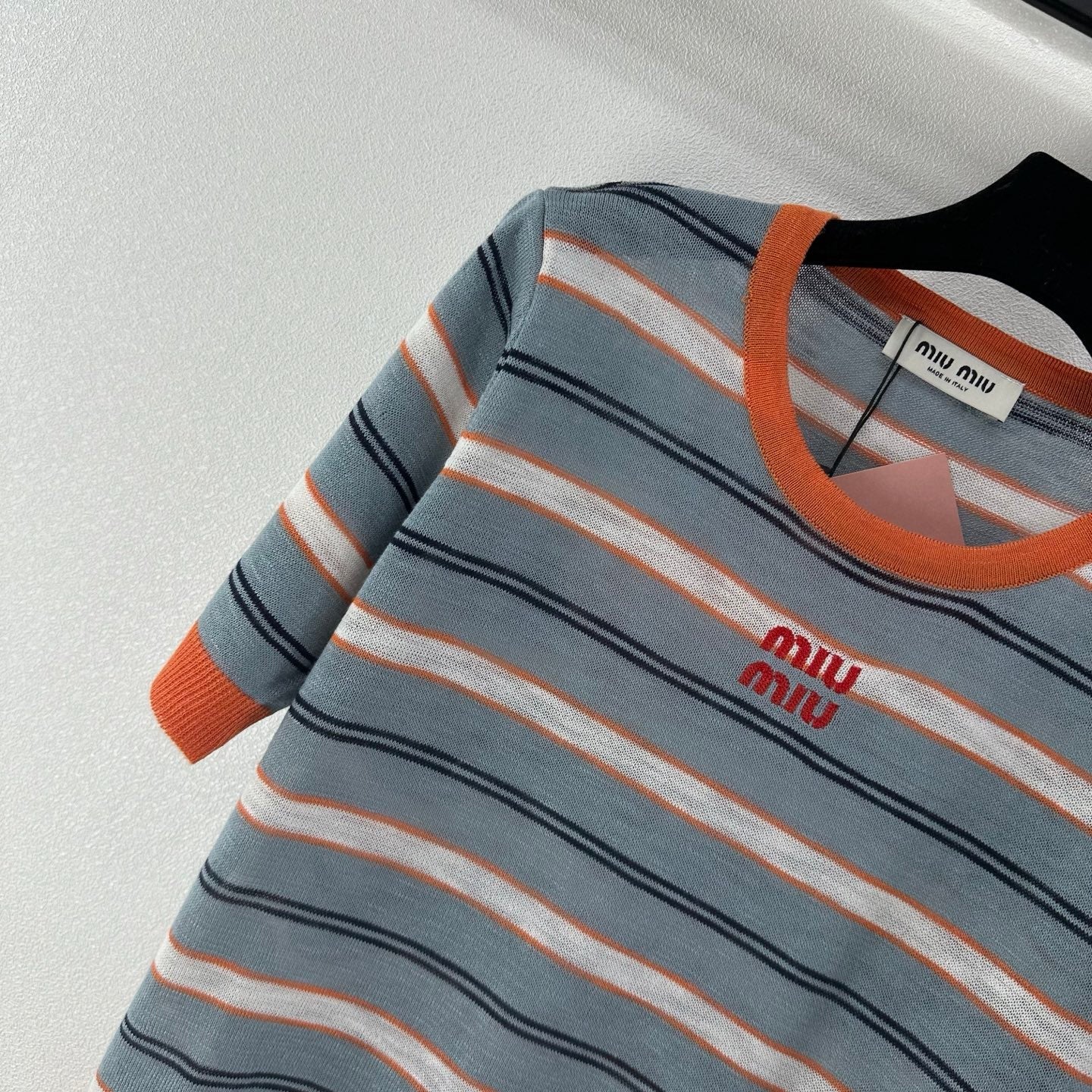 Miumiu 2026 Striped Knit Short-sleeved Top Blue-Grey mix Orange Cotton 395632