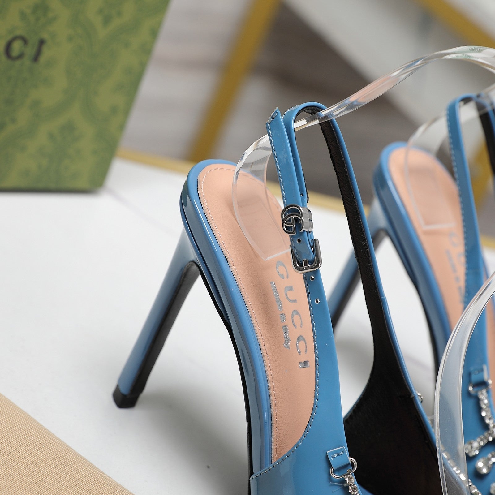 GG CRYSTAL HIGH HEEL SANDAL CERULEAN LAMBSKIN