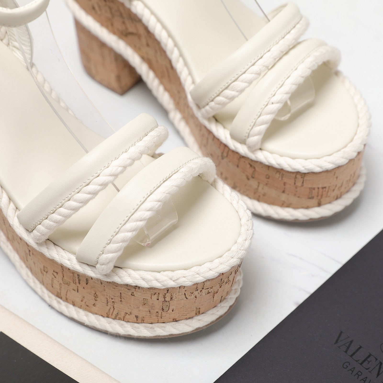 Valentino Garavani VLogo Summerblocks Wedge Sandals 115mm White Mix Brown Cowhide And Nylon Rope 821111