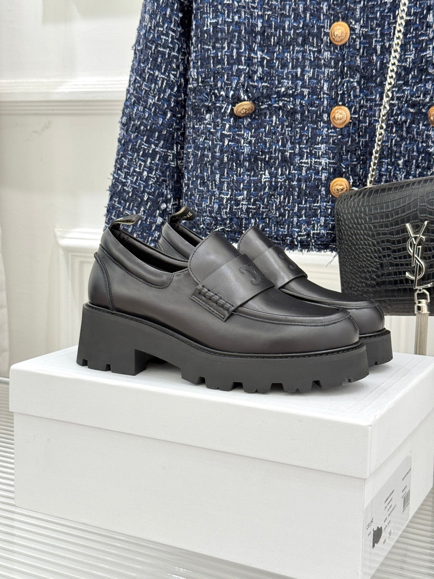 Celine 2026 Arc de Triomphe Platform Loafers Black Sheepskin 474608