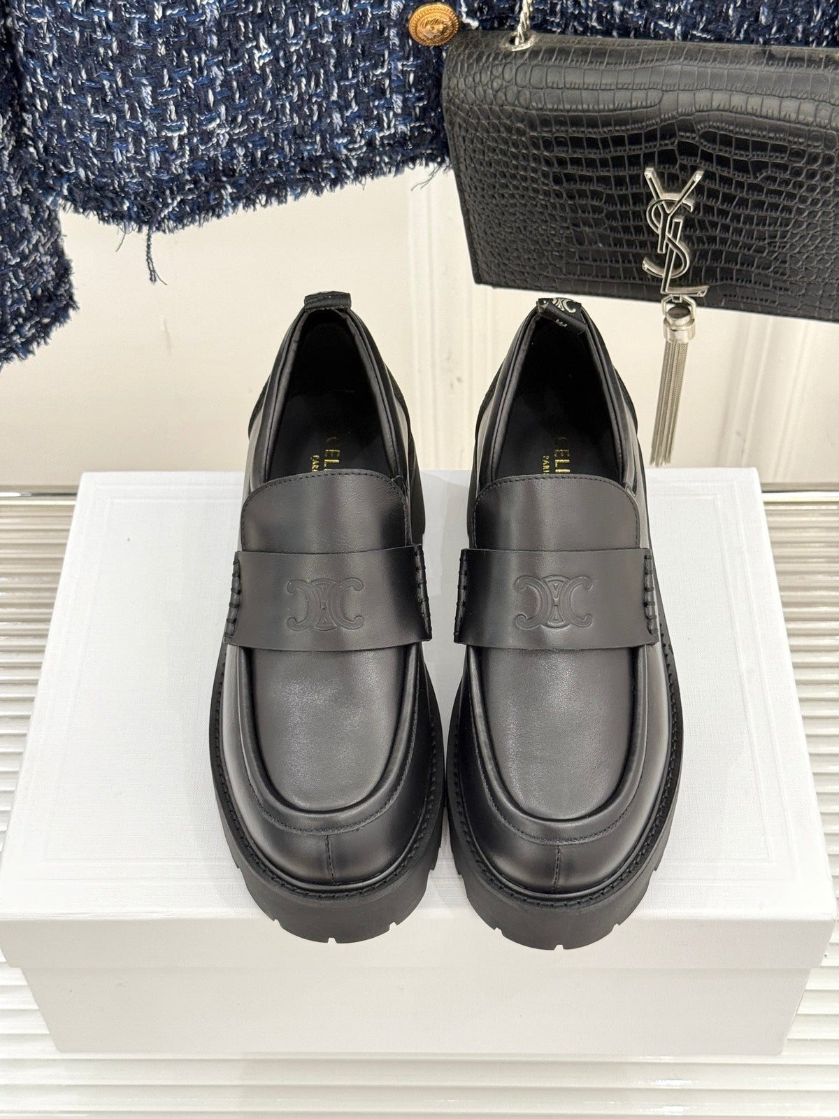 Celine 2026 Arc de Triomphe Platform Loafers Black Sheepskin 474608