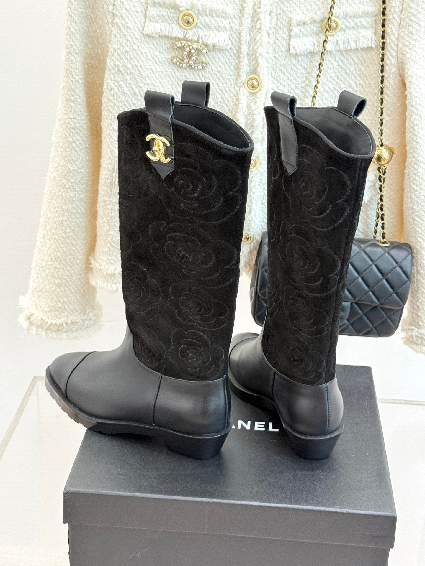CC cowboy mid-calf boots black sheepskin suede 511984