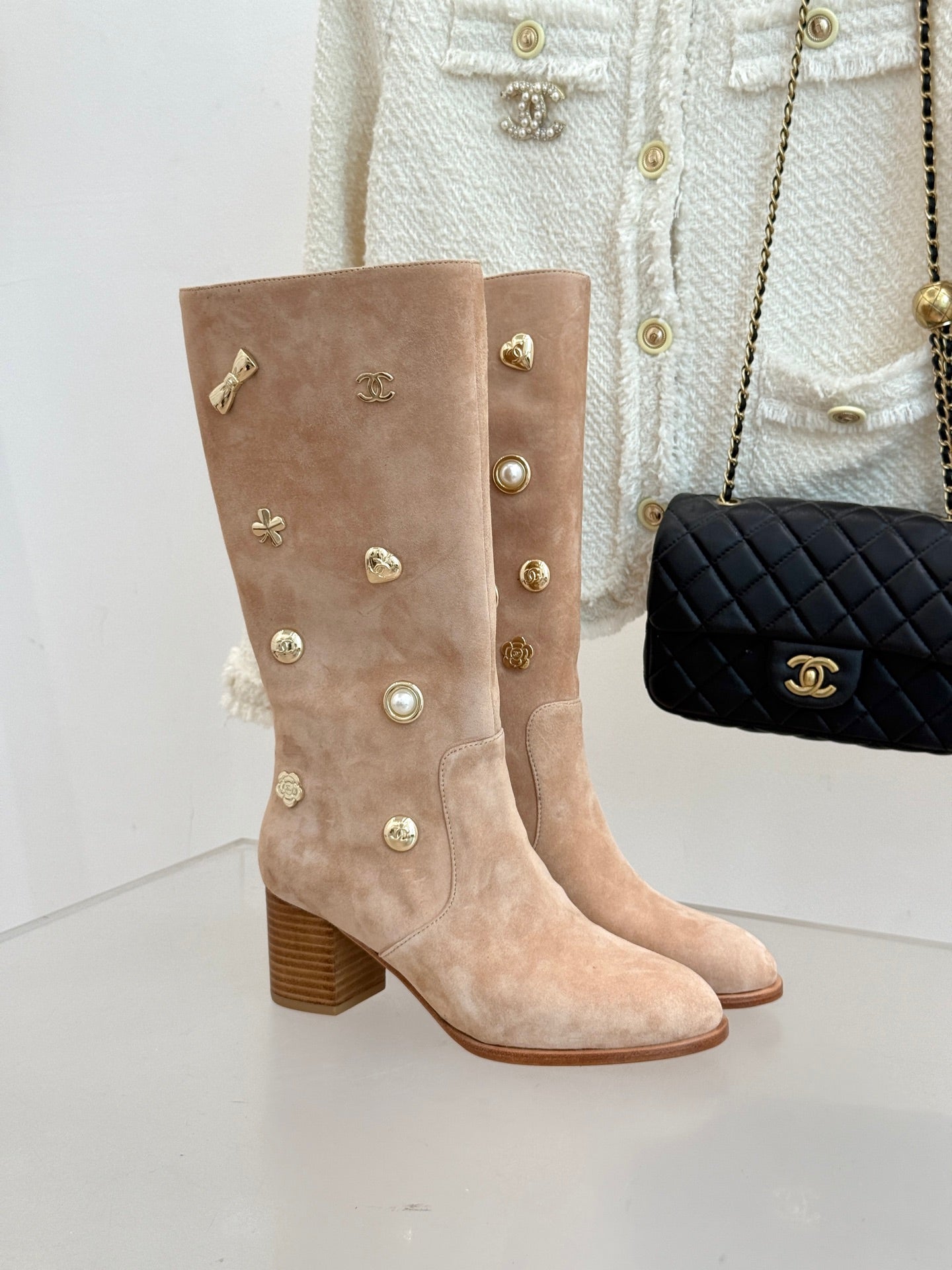 CC High Heel Boots Beige Suede Mix Charm 512033