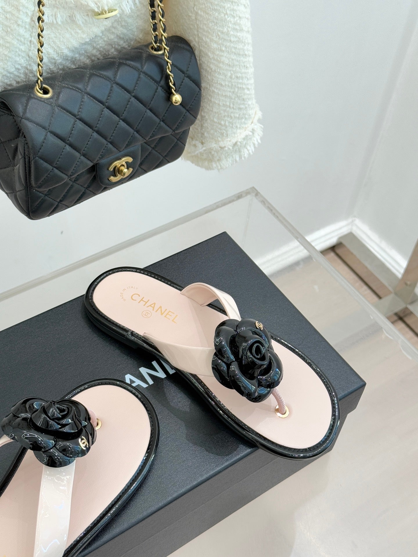 CC 26 Camellia Thong Sandal Pink mix Black Sheepskin 609998