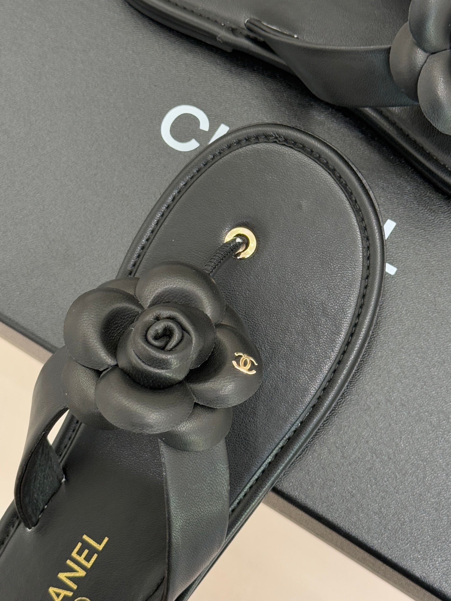 CC 26 Camellia Thong Sandal Black Sheepskin 610003