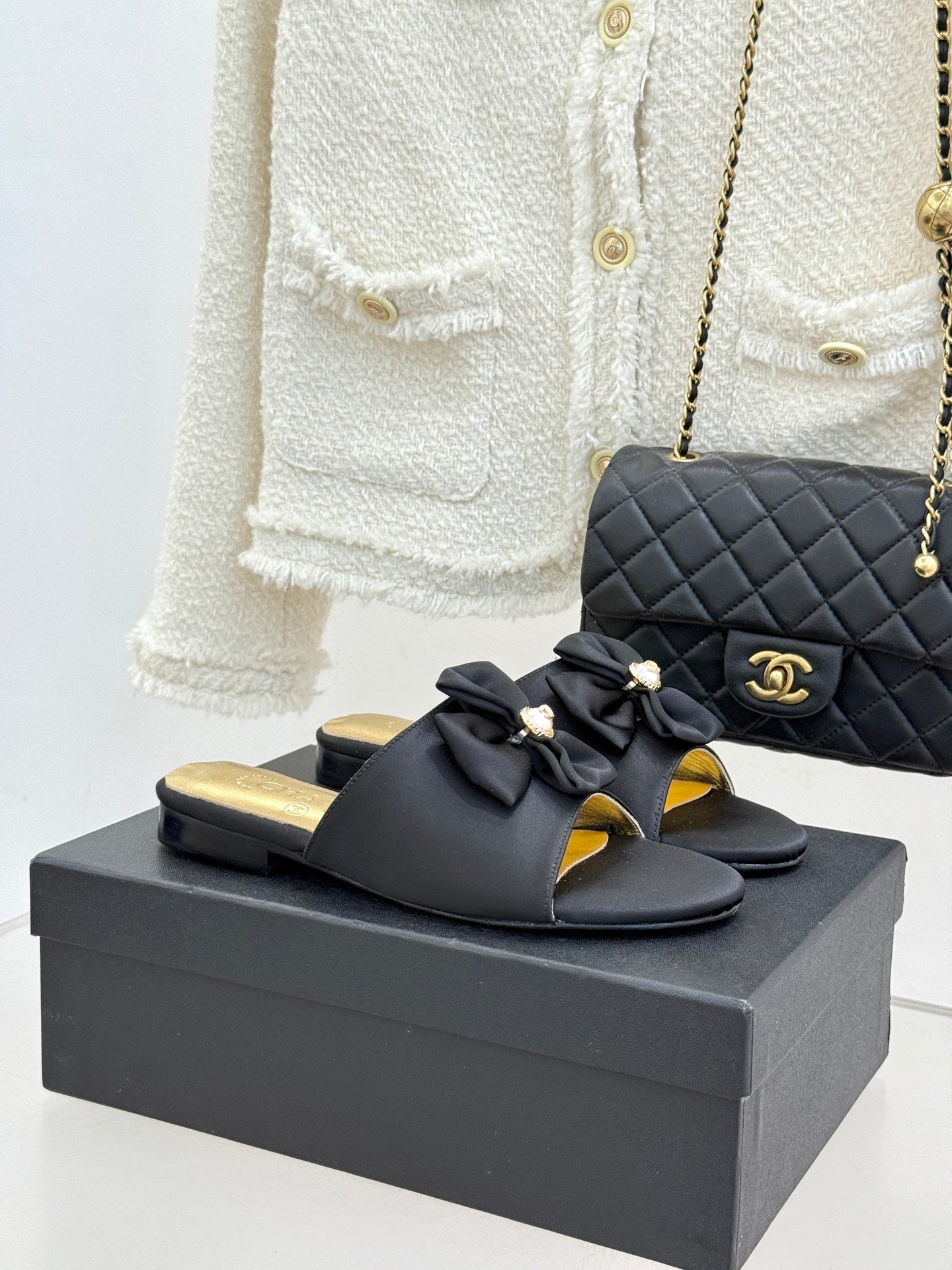 CC 26 Bow Flat Sandal Black Gold Satin Sheepskin 609799