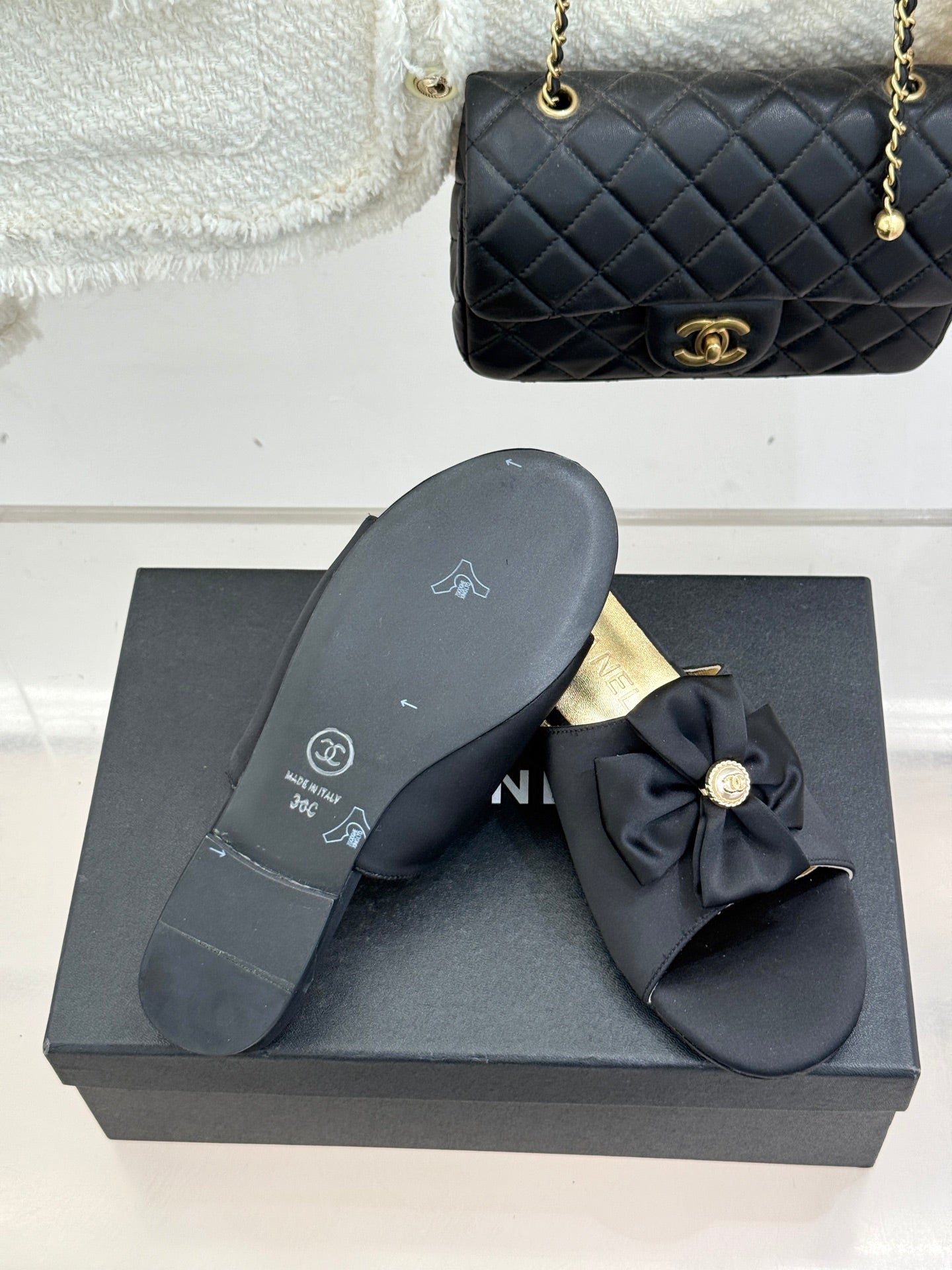 CC 26 Bow Flat Sandal Black Gold Satin Sheepskin 609799