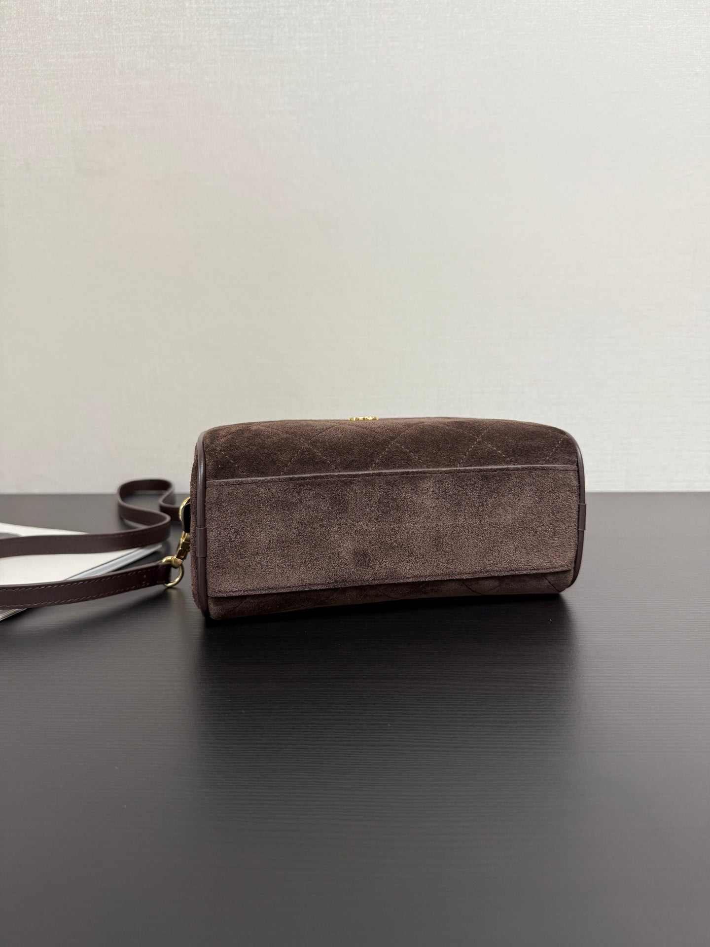 Chanel 2026 Pouch With Leather Strap 21cm Dark Brown Suede