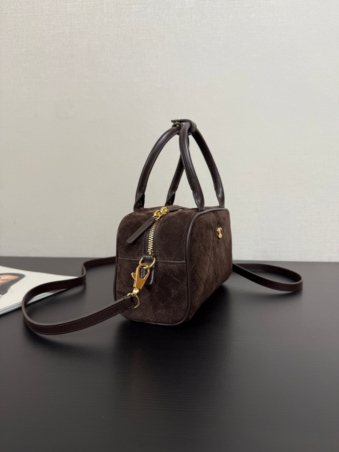 Chanel 2026 Pouch With Leather Strap 21cm Dark Brown Suede