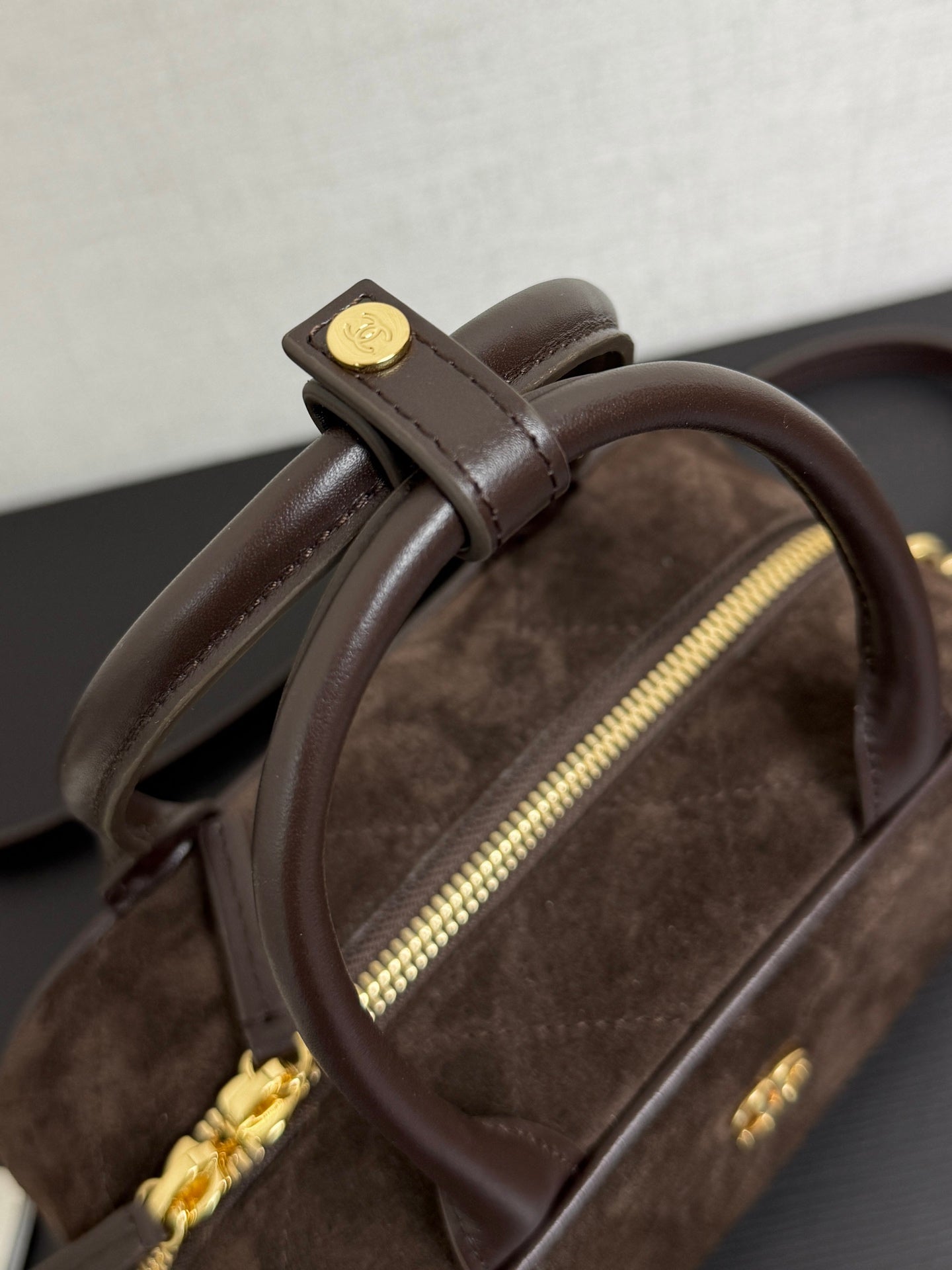 Chanel 2026 Pouch With Leather Strap 21cm Dark Brown Suede