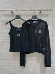 Loewe 25 Mesh Hollow Knitted Cardigan Black Wool